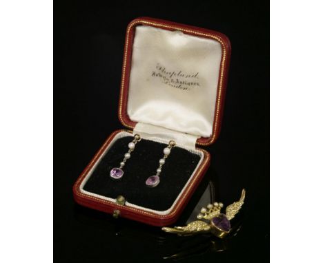 A pair of cased pink sapphire and seed pearl drop earrings, c.1915,each earring with a cushion cut pink sapphire, milligrain 
