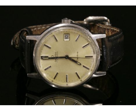 A gentleman's stainless steel Omega Automatic Genève strap watch, c.1970,with a silvered dial, raised silver batons, black an