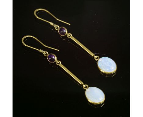 A pair of gold amethyst and opal drop earrings,with an oval spectacle set amethyst at the top with an articulated bar below t