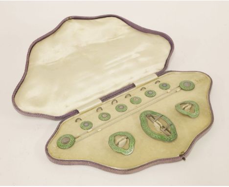 A George V cased silver and green enamel stud, hatpin and buckle set,Henry Matthews, Birmingham, 1910,comprising: three buckl