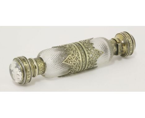 A Victorian gilt-mounted and cut glass double-ended scent bottle set with coronet and watch,c.1880,the central hinged double 