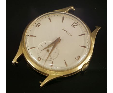 A gentlemen's 18ct gold Zenith mechanical strap watch, c.1956,the case 36mm diameter, with silvered dial, raised pennant bato
