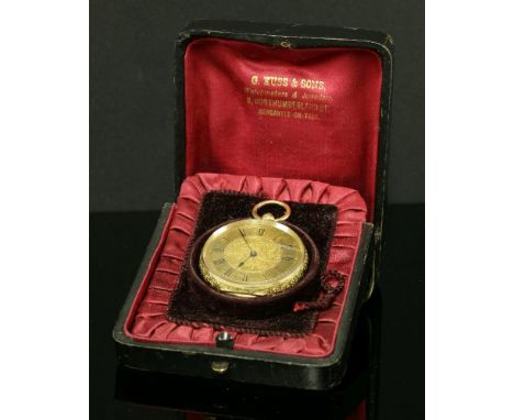 A Swiss gold, open-faced, key wound, fob watch, c.1860,with a case of 31mm diameter.  An engine turned and hand engraved gold