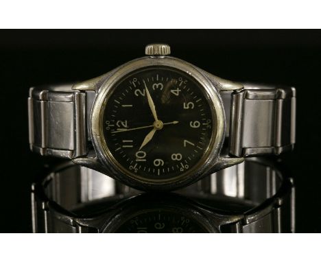 A gentlemen's military A-11 World War II Bulova mechanical strap watch,on a later expanding bracelet.  Circular case, 30mm di