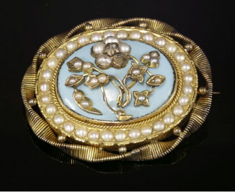 A Victorian diamond, split pearl and enamel brooch,with a central forget-me-not set with a rose cut diamond and split pearls,
