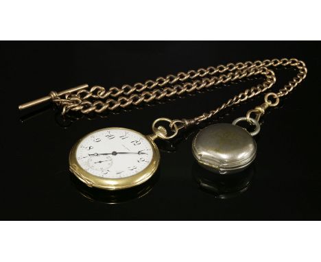 An American Waltham gold open-faced pocket watch,suspended on a 9ct gold albert chain with a nickel-plated sovereign case.  T