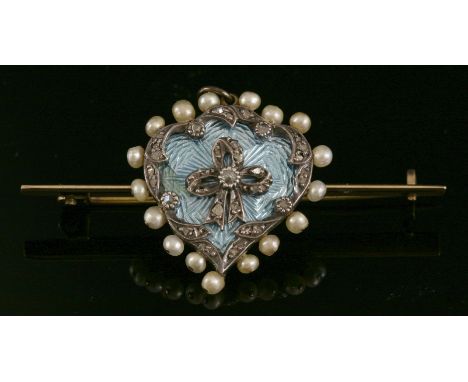 An Edwardian gold, diamond, seed pearl and enamel heart-shaped pendant, later mounted as a bar brooch.  A heart-shaped frame 