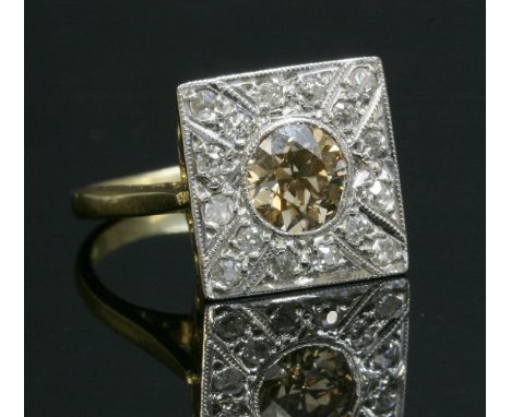 An 18ct gold, Art Deco-style, square diamond set plaque ring,an old European cut diamond, possibly fancy light brown, milligr