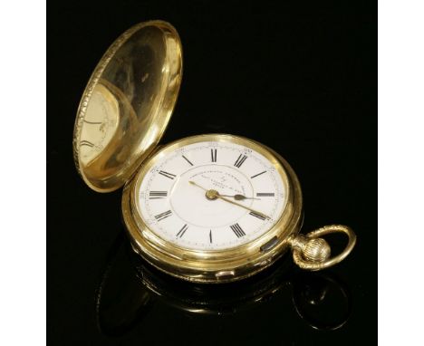 An 18ct gold top wind chronograph hunter pocket watch, Chester, 1831,the case, 54mm diameter, with chased borders to both fro