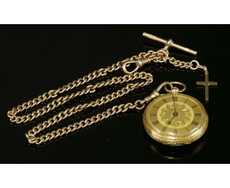 An 18ct gold key wound, open-faced, fob watch,suspended on a 9ct gold double albert chain.  The fob watch, 36mm in diameter, 