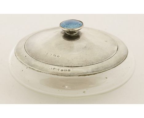 A George V silver-mounted dressing table box, Skinner & Co., Birmingham, 1924,circular, the cover with a turquoise enamel fin