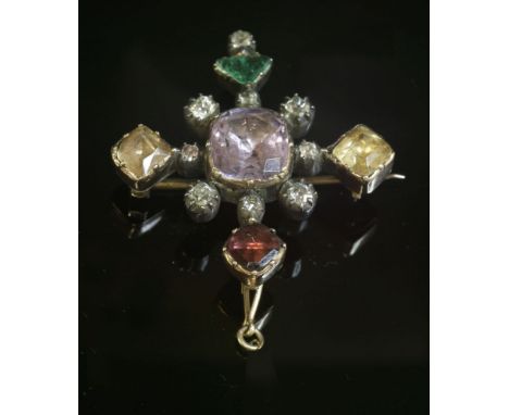 A Georgian, harlequin, foiled, gemstone and diamond cruciform brooch/pendant, late 18th century,a cushion cut foiled amethyst