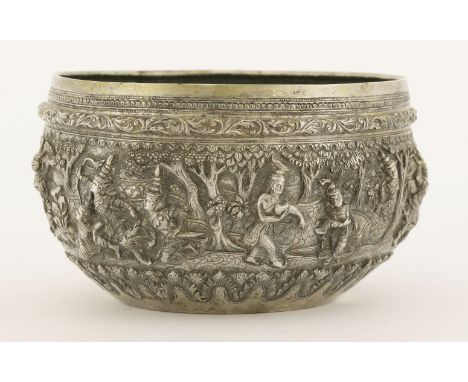 A Burmese silver bowl,c.1900,embossed in high relief with hunting scenes,16cm diameter, 15oz