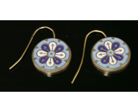 A pair of gold cloisonné enamel drop earrings,with a circular shield-style disc enamelled in sky blue, royal blue and white t