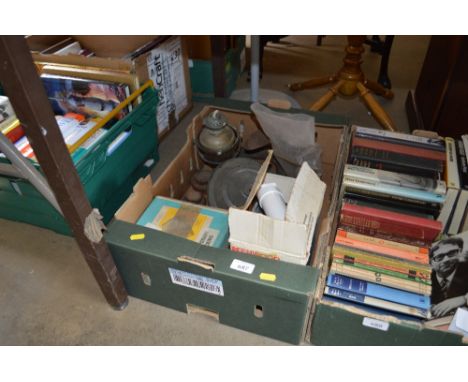 A box of various sundry items to include oil lamp; shoe last; weights etc 