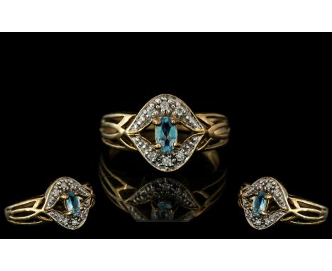 Ladies - Attractive 9ct Gold Aquamarine and Diamond Set Ring, Pleasing Design. Full Hallmark to Interior of Shank. The Pale A