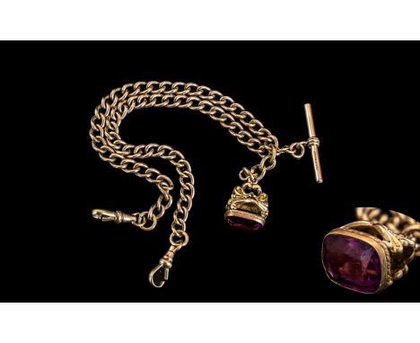 Antique Period - Good Quality Gold Plated Double Albert Watch Chain, With Attached T-Bar and Large Amethyst Set Fob ( Ornate 