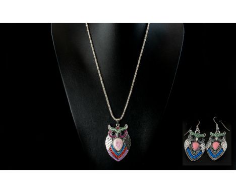 Stylised 'Owl' Pendant Necklace and Earrings Set, with polychrome crystals and beads set in white metal, the pendant set on a