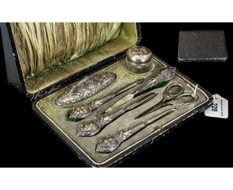Ladies Silver Boxed Manicure Set, comprising  scissors, nail file, cuticle cutter, tweezers, button hook and nail buffer, wit