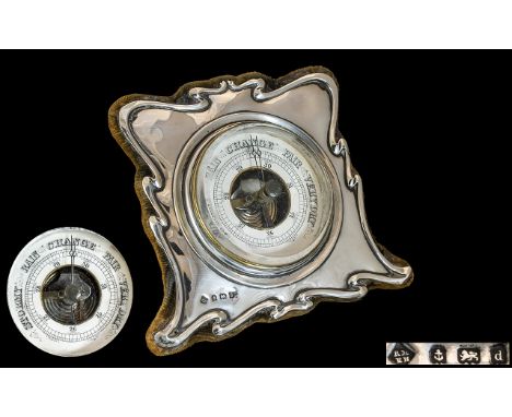 Edwardian Period Silver Framed Desk Barometer of Shaped Form, Velvet Back, Splat Missing. Hallmark Birmingham 1903. Maker Ric