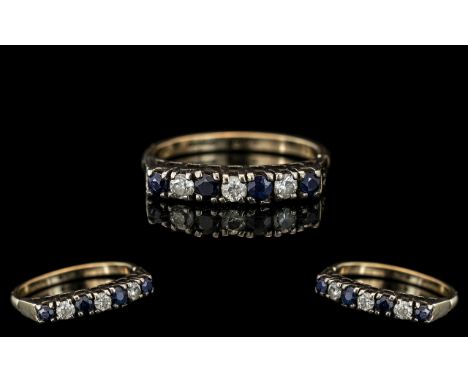 Ladies 9ct Gold Attractive Diamond and Sapphire Set Ring. Full Hallmark to Interior of Shank. Ring Size P. Shank / Setting Go