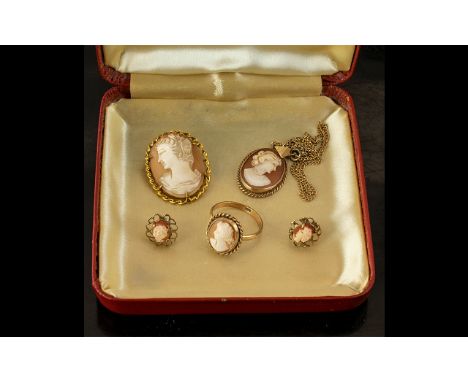 A Good Collection of 9ct Gold Cameo Set Jewellery ( Matching ) All with Full Hallmarks. Includes Ring, Pair of Earrings, Pend