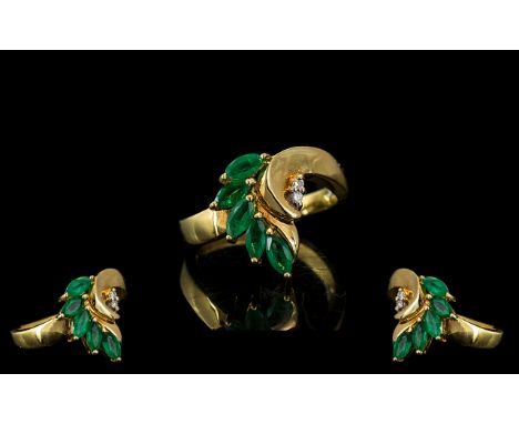 Ladies 18ct Gold - Designer Made Emerald and Diamond Set Dress Ring. Full Hallmark for 18ct Gold to Interior of Shank. The Em