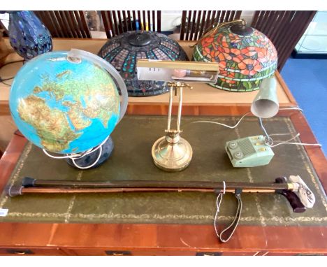 A Collection of Assorted Items to include Solid State radio light, a globe, brass desk lamp, walking canes etc