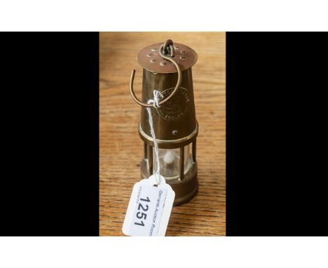 Miniature Brass Miner's Protector Lamp, Stamped Made in Eccles to base, measures 5'' tall.
