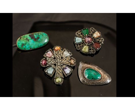 Collection of Four Stone Set Brooches, comprising a sterling silver brooch with a jade green stone, made in Israel, an oval j