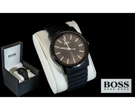 Boss - Unisex Black Ceramic and Black Hard Rubber Wrist Watch, Also Feature a Black Dial, With Silver Markers, Seconds Sweep,