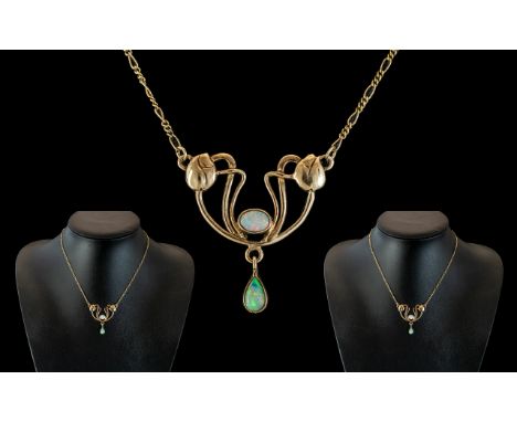 Art Nouveau Style ( Tulips ) Design 9ct Gold Opal Set Pendant Drop with Attached 9ct Gold Chain. Hallmark Edinburgh 1996, Opa