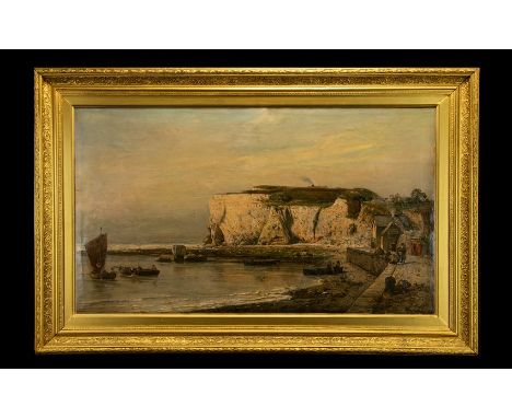 After H Eschke Framed Oilograph Antique untitled oil over print base, depicting a harbour scene with figures rowing boats and