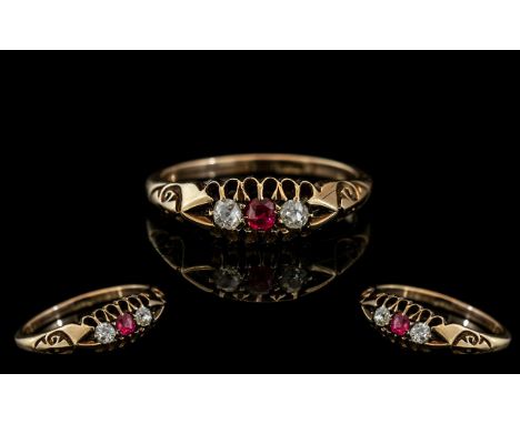 Antique Period - Ladies 18ct Gold 3 Stone Ruby and Diamond Ring. Marked 18ct to Interior of Shank. The Natural Red Ruby of Go