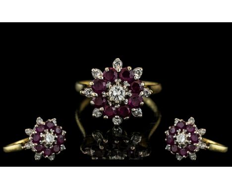 18ct Yellow Gold - Attractive Ruby and Diamond Set Dress Ring, Flower head Design. Full Hallmark to Interior of Shank, Rubies