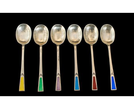 Art Deco Period - Pleasing Set of Six Sterling Silver and Enamel Coffee Spoons. All of Various Coloured Enamels. Hallmark She