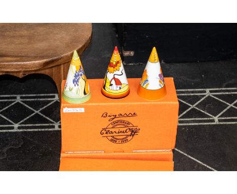 Clarice Cliff Interest - Three Wedgwood Sweet Seduction Range Sugar Casters, comprising 'House &amp; Bridge', 'Windbells', 'C