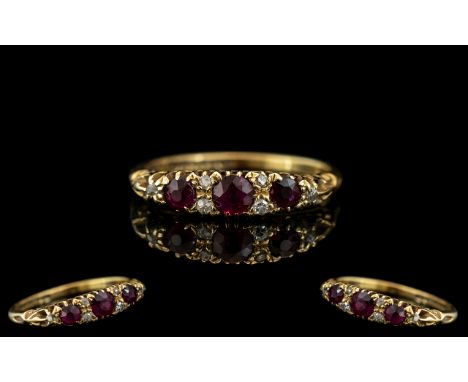 Edwardian Period 1902 - 1910 Ladies 18ct Gold Ruby and Diamond Set Ring of Pleasing Design / Gallery Setting. Hallmark Birmin