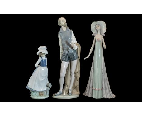  Lladro Figurine &amp; Two Nao Figures, all with slight damage, Lladro tall lady 13.5'' finger missing, Nao figure young girl