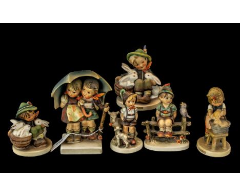 Collection of Six Hummel Figures by Goebel, comprising Hummel Full Bee ''Stormy Weather'' Children with Umbrella No. 71 TMK2 
