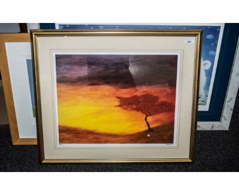 Laffanki 'Tree &amp; Sunset', limited edition print No. 61/400, framed and glazed, image size 17'' x 21.5''.