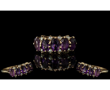 Ladies Attractive - 9ct Gold Amethyst and Pearl Set Ring. Fully Hallmarked to Interior of Shank. Amethysts of Good Colour wit