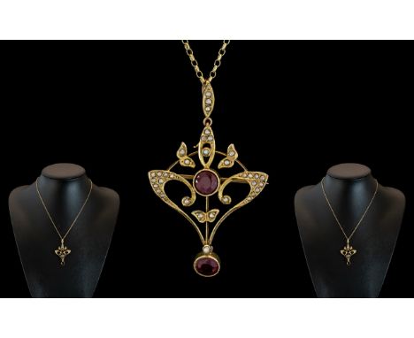 Antique Period - Attractive 15ct Gold Garnet and Seed Pearl Open Worked Pendant / Brooch, With Later Attached 9ct Gold Chain,