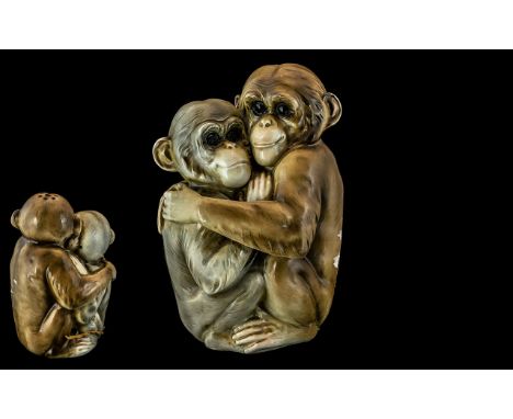 Superb Rare c1900's Monkey Lamp In Porcelain, In the Form of Two Monkeys Hugging Each Other. Model No 10803. Height Approx 9 