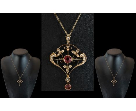 Antique Period Attractive 9ct Gold Garnet - Seed Pearl Set Open Worked Pendant - Brooch, With Later Attached 9ct Gold Chain, 
