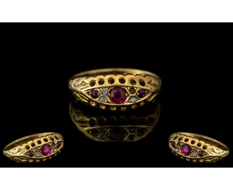Antique Period - Attractive 18ct Gold Ruby and Diamond Set Ring with Open worked Setting. The Natural Rubies of Excellent Col