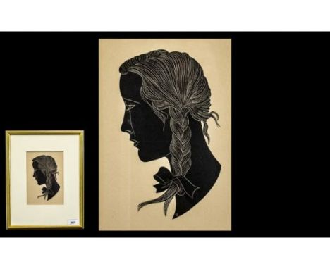 Eric Gill Woodcut 'The Plait', a silhouette style portrait of the artist's daughter Petra, originally created in 1922, with a