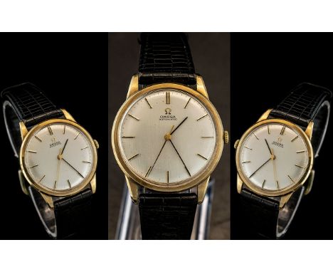 Omega Automatic Gents 9ct Gold Cased Manuel Wind Wrist Watch. c.1970's. With Black Leather Strap, Full Hallmark to Back Cover