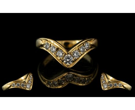 Ladies - Top Quality 18ct Yellow Gold Diamond Set Wishbone Ring. Full Hallmark to Interior of Shank for 750 - 18ct. The Seven