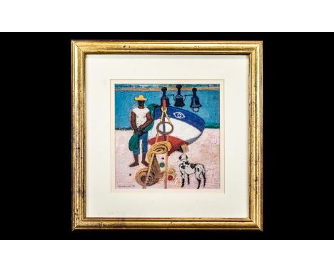 Original African Artwork.  Contemporary Print of Fisherman, Lovely Subject and Well Done. Overall Size 17 by 17 Inches. 